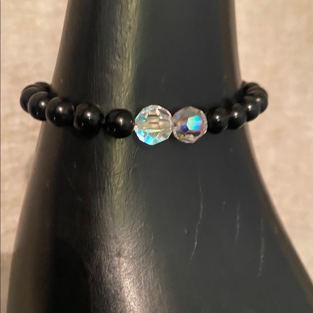 Elegant Black obsidian and Clear Beaded Sparkling Crystal Bracelet